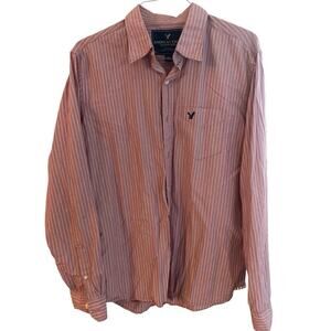 American Eagle Mens Button Up Large Pink w/Blue Striped Button Up Shirt